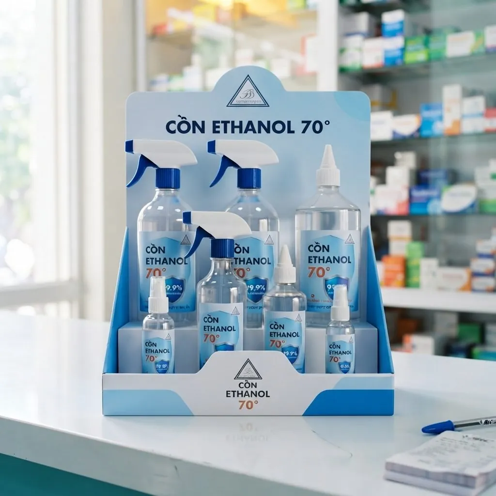 Kệ trưng bày cồn ethanol 70 độ Phúc Đạt trên quầy nhà thuốc
