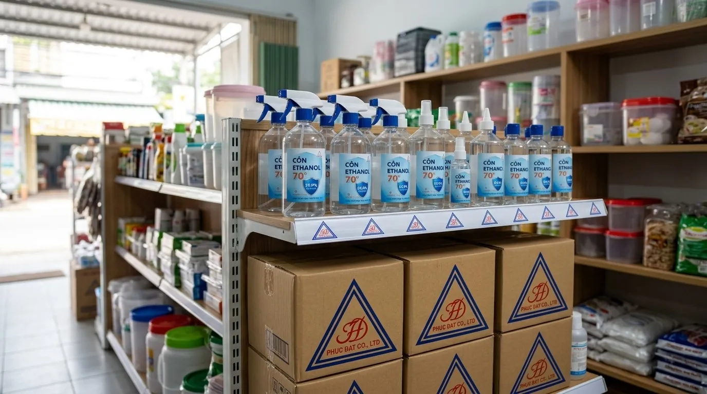 Kệ cồn ethanol 70 độ và thùng hàng Phúc Đạt tại cửa hàng đại lý