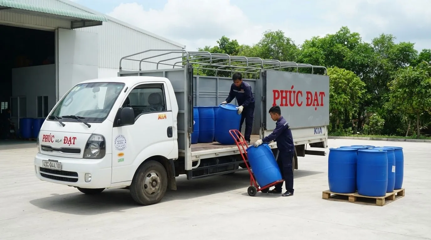 Xe tải Phúc Đạt đang nhận phuy cồn để giao hàng