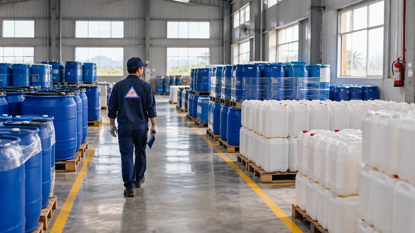 Nhân viên Phúc Đạt kiểm kê phuy và can cồn trong kho