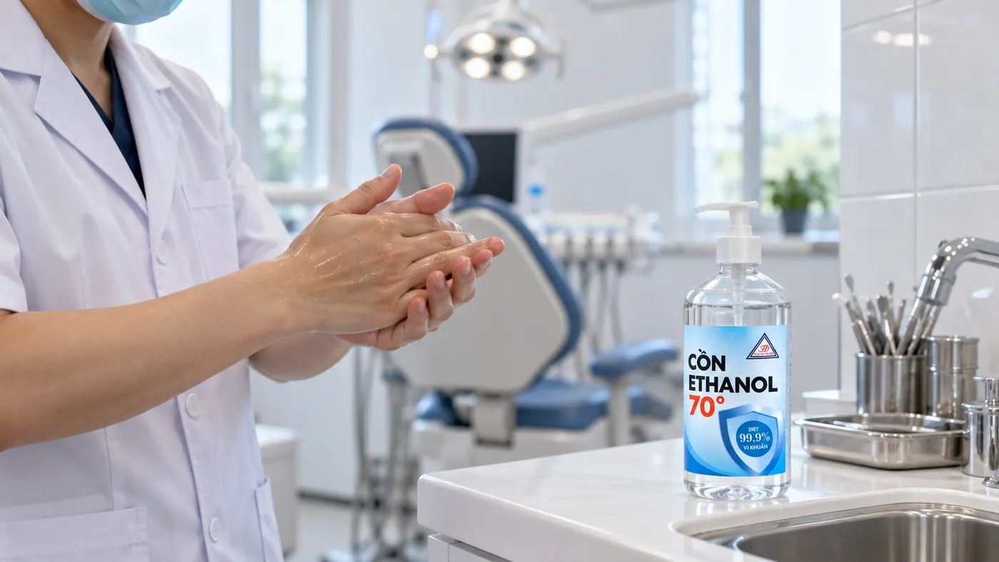 Bác sĩ nha khoa sát khuẩn tay bằng cồn 70 độ trước khi mang găng