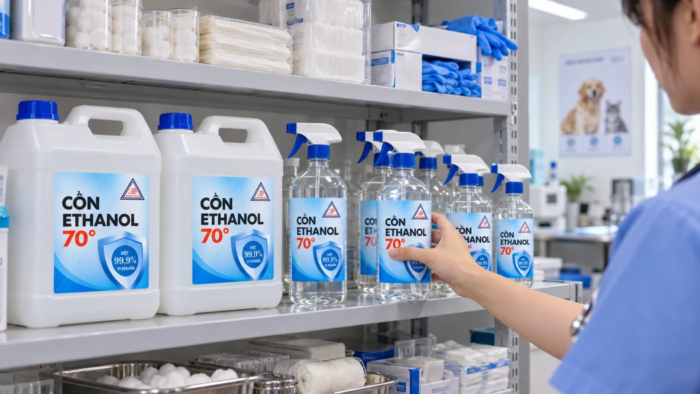 Kệ vật tư phòng khám thú y với can và chai cồn ethanol 70 độ Phúc Đạt