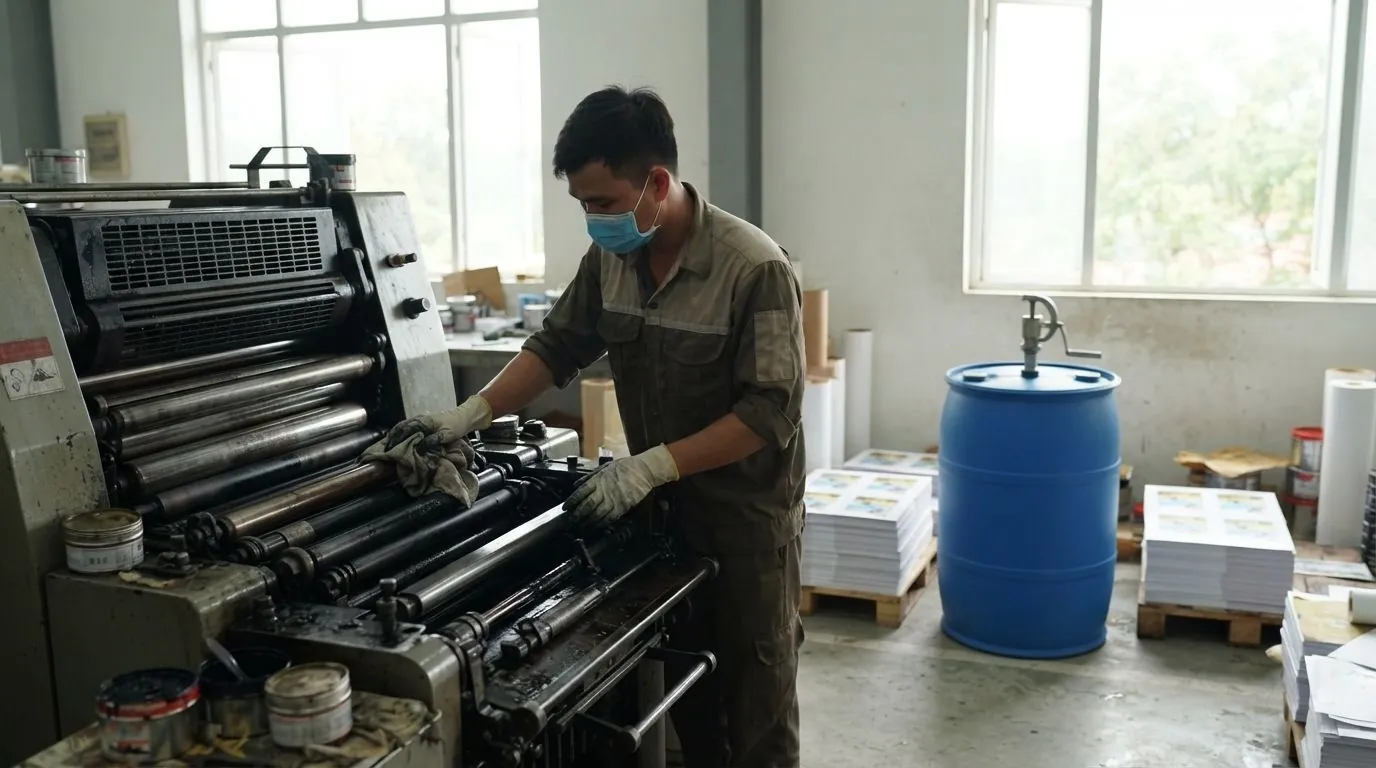 Công nhân vệ sinh trục máy in offset, phuy cồn đặt cạnh